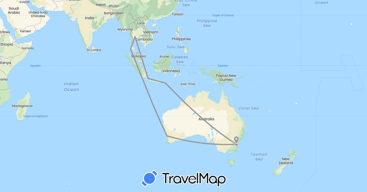 TravelMap itinerary: driving, plane in Australia, Indonesia, Thailand (Asia, Oceania)